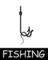 Catch, fish, fisherman icon. Fishing rod, hook, bait, float, underwater creatures, landscape, simplicity, silhouettes, relaxation in nature, fresh air, hobby. Concept of fishing, useful recreation.