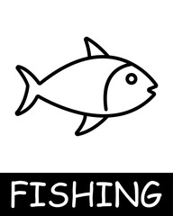 Catch, fish, fisherman icon. Fishing rod, pisces, bait, underwater creatures, landscape, simplicity, silhouettes, relaxation in nature, fresh air, hobby. The concept of fishing, useful recreation.