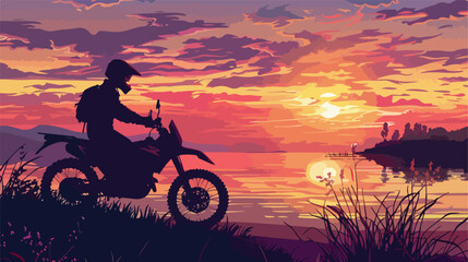 Silhouette biker with his motorbike beside 