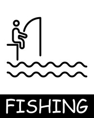 Catch, man, fisherman icon. Shallop, fishing rod, fish, bait, underwater creatures, landscape, simplicity, silhouettes, relaxation in nature, hobby. The concept of fishing, useful recreation.