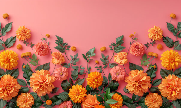 Traditional indian orange flowers on pnk background. Ethnic decorations for Indian festival of lights Diwali and Pongal. Ugadi, Gudi Padwa. Hindu New Year. Religion concept with copy space