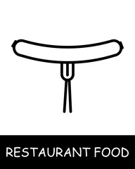 Restaurant dish, sausage on a fork icon. Serving, fast food, gourmet craftsmanship, culinary creativity, simplicity, silhouette, snack, gourmet food. Delicious, unusual food concept.