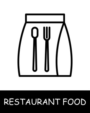 Naklejki Restaurant dish, packed lunch icon. Food to go, fork, spoon, gourmet craftsmanship, culinary creativity, simplicity, silhouette, snack, gourmet food. Delicious, unusual food concept.