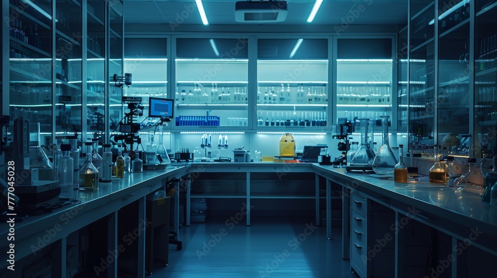 Poster a lab with many shelves and a large table. the lab is dark and the shelves are full of bottles and b