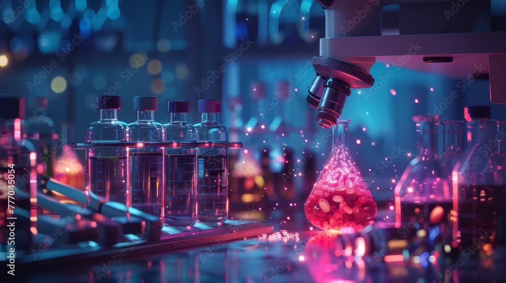 Poster a lab with a microscope and a glowing object in the middle. the lab is filled with various glassware