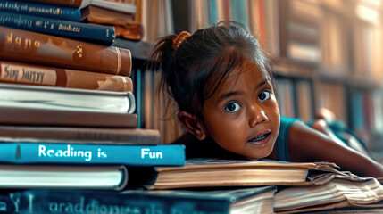 little malaysian girl with a smile reads many books in the library, for World Book Day event