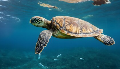 Fototapeta premium Sea turtle swimming in ocean full of plastic bottles, trash floating in the ocean, garbage pollution in the ocean