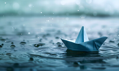 Obraz premium paper boat floats on a serene water surface, Generative AI 