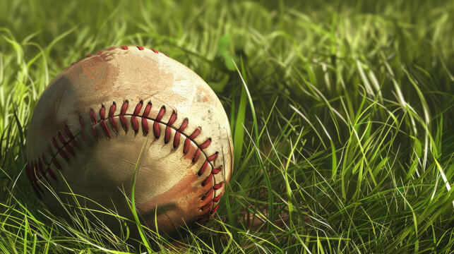A detailed image showcasing an abandoned weathered baseball nestled in vibrant green grass