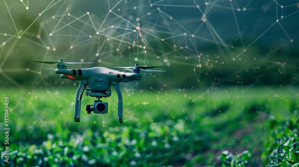 Poster a drone is flying over a field of green grass. the drone is equipped with a camera and is capturing 