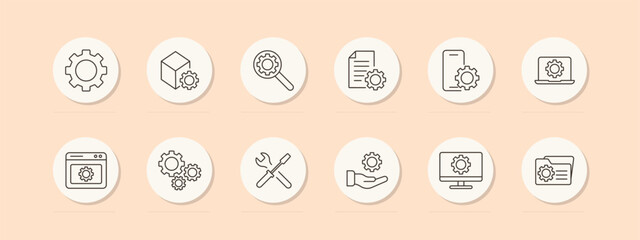 Setting icon set. Gear, website, tuning, hand, proposal, mechanism, configuration, screwdriver, wrench, tools, laptop, file, folder, monitor, phone, adjustment, optimization. Vector line icon.