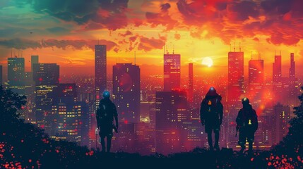 A group of people are standing on a hill overlooking a city at sunset. The sky is filled with clouds and the sun is setting, casting a warm glow over the city. The people are wearing backpacks - obrazy, fototapety, plakaty