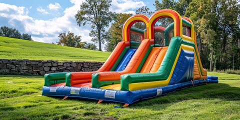 Inflatable Fun A Colorful Inflatable Playground in a Field Generative AI