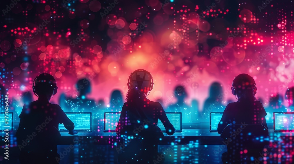 Poster a group of people are sitting at a computer desk with headphones on. the room is brightly lit with a