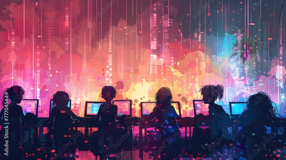 Poster a group of people are sitting at a computer desk with a colorful background. scene is lively and ene