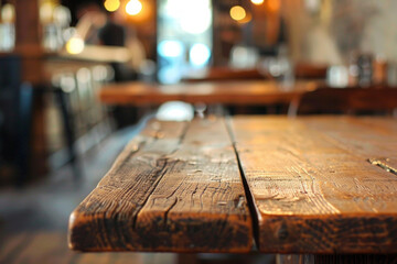 A closeup of a wooden table inside a restaurant