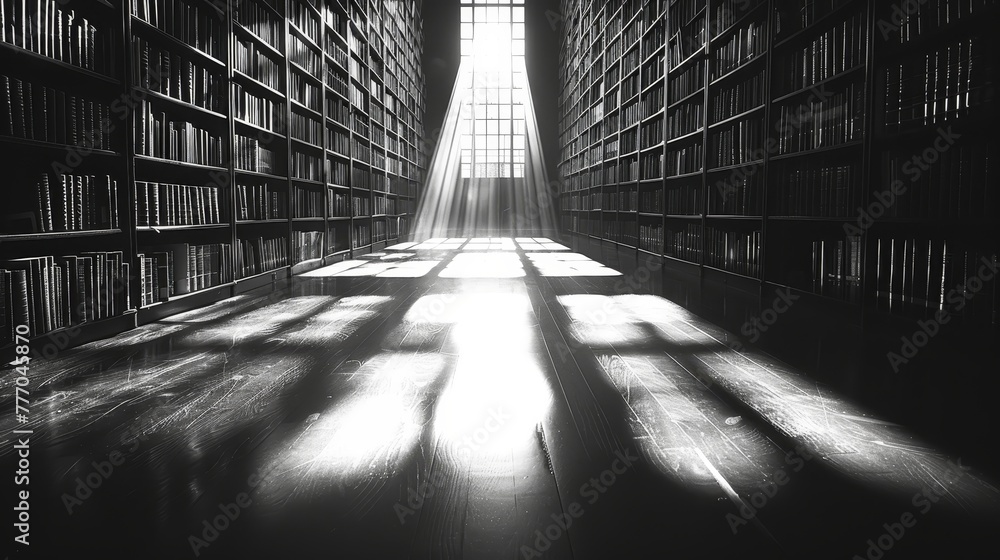 Poster a library with a lot of books and a window that lets in sunlight