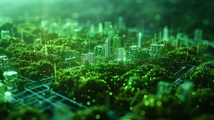 Futuristic Cityscape with Digital Green Glow