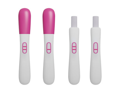 3D different pink pregnancy tests set isolated on white. Positive and negative pregnancy test kits cartoon style 3D render. Fertility ovulation tests, child birth pregnancy planning, female healthcare