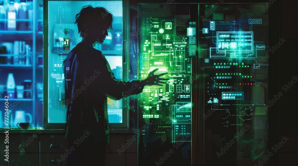 Poster a man is touching a computer screen with his hand. the computer screen is glowing green and the man 