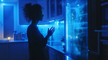 A woman is standing in front of a refrigerator with a blue light on it. She is looking at the refrigerator with a hand on her hip - obrazy, fototapety, plakaty