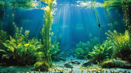 Fototapeta na wymiar A captivating podium image displaying a rich variety of aquatic plants from intricate ferns to towering seaweed forests representing . .