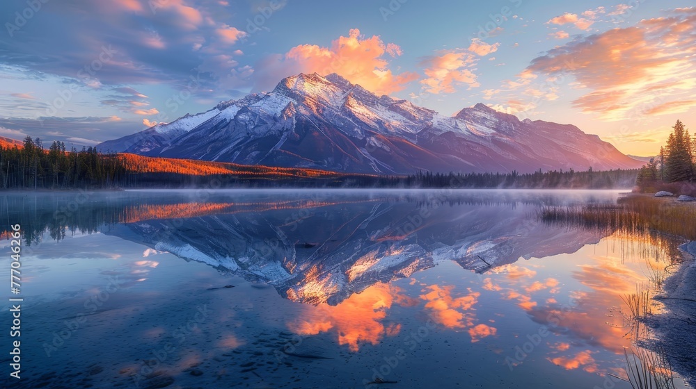 Poster a beautiful mountain range is reflected in the calm waters of a lake. the sky is filled with clouds 