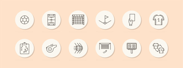 Football set icon. Ball, T shirt. form, field, card, punishment, whistle, scoreboard, plan, player substitution, goal, net, corner, football goal. Culinary dishes concept. Vector line icon.