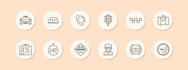 Taxi icon set. ID card, passport, data, phone, call, silhouette, driver, uniform, 24 hour work, steering wheel, sign, traffic light, car. Transportation service concept. Vector line icon.