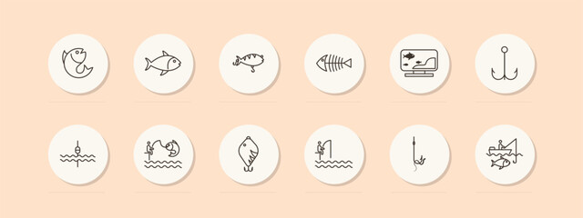 Fishing icon set. Camping, skeleton, fishing line, fisherman, sea, pond, catch, hook, float, hook, underwater creature, perch, silhouette, pastel. Active recreation concept. Vector line icon.