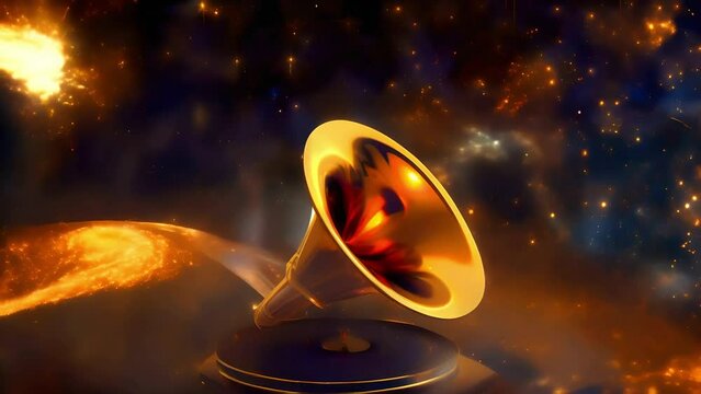 Ethereal cosmic footage unfolds with a vintage gramophone amidst a swirling galaxy, a metaphor for the universal language of music transcending time and space