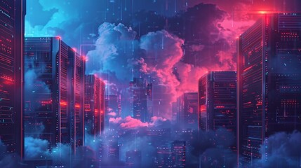 Cybernetic Cloudscape Above Futuristic Data Center