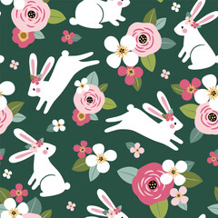 
Seamless vector pattern with cute, hand drawn white rabbits on floral background. Perfect for textile, wallpaper or print design.
