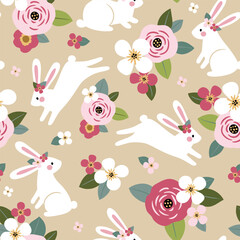 
Seamless vector pattern with cute, hand drawn white rabbits on floral background. Perfect for textile, wallpaper or print design.
