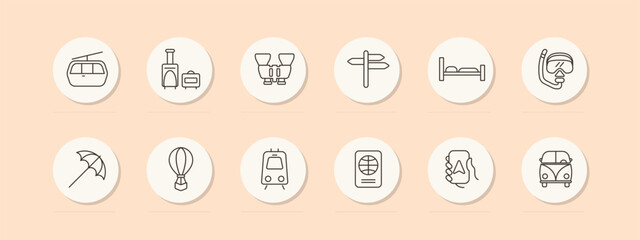 Travel set icon. Umbrella, navigation, maps, hot air balloon, train, cable car, diving, bed, telephone, stove, pointer, hobby, recreation. Tourism and wandering concept. Vector line icon.