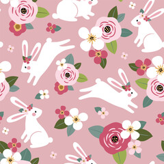 Seamless vector pattern with cute, hand drawn white rabbits on floral background. Perfect for textile, wallpaper or print design.

 - obrazy, fototapety, plakaty