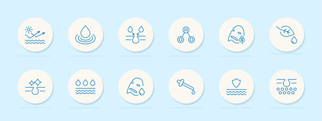 Skin care icon set. HO2, hydroperoxyl, leaf, drops, liquid, mask, natural products, skin protection, cream, oil, silhouette, blue colors. Health care concept. Vector line icon.
