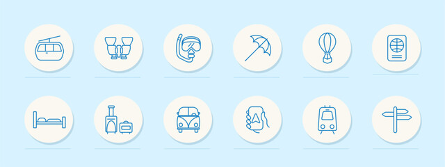Travel set icon. Umbrella, navigation, maps, hot air balloon, train, cable car, diving, bed, telephone, stove, pointer, hobby, recreation. Tourism and wandering concept. Vector line icon.