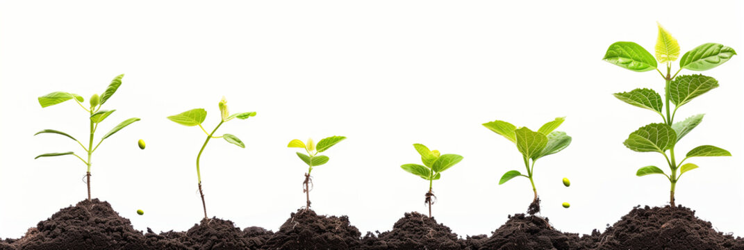 The process of growing plants from seed to plant, with the four stages of growth displayed side by side on white background