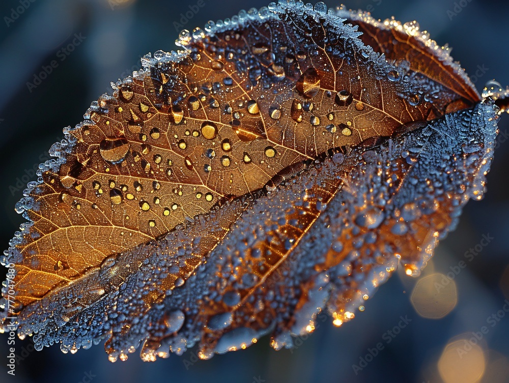 Poster drops of light a close-up of a leaf's surface illuminated by drops of light generative ai