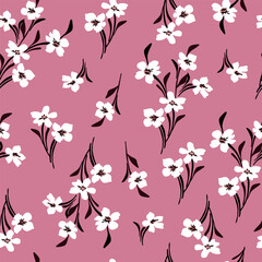 Floral seamless pattern. Pretty flowers on light pink background. Printing with small white flowers. Ditsy print. Seamless vector texture. Spring bouquet. - 777047849