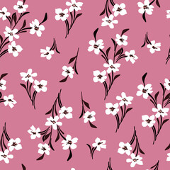 Floral seamless pattern. Pretty flowers on light pink background. Printing with small white flowers. Ditsy print. Seamless vector texture. Spring bouquet. - 777047876