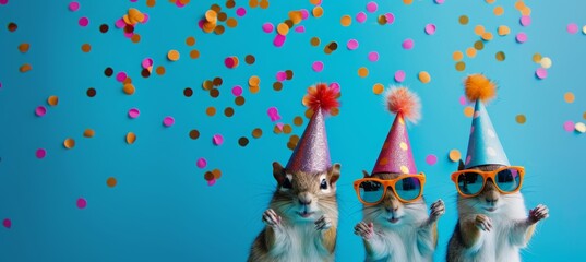 Three funny little chipmunks wearing colorful party hats and sunglasses, singing happy birthday on a blue background with confetti. celebrating at a birthday party isolated on a blue background