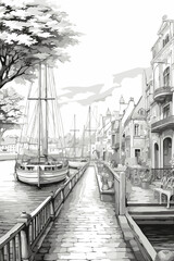 Adobe IllustratoA bustling harbor with boats and ships coloring page