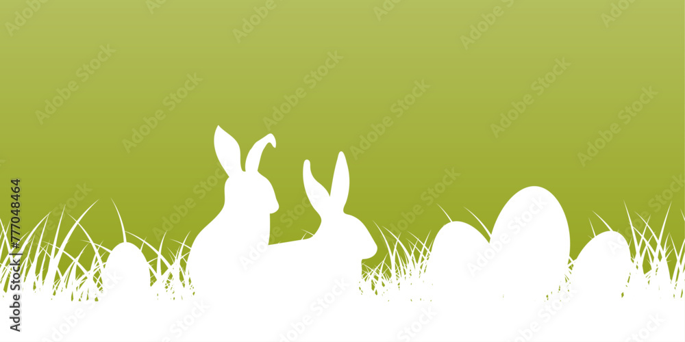 Poster green border with easter bunnies and easter eggs hidden in the meadow, lawn, field. seamless pattern