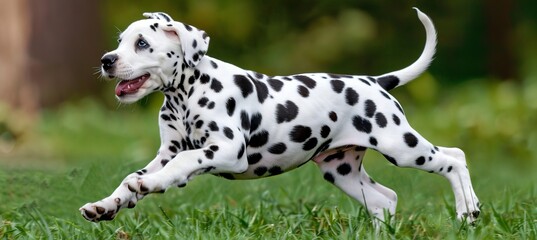 Playful dalmatian puppy frolicking in a meadow, a spotted beauty enjoying the open field