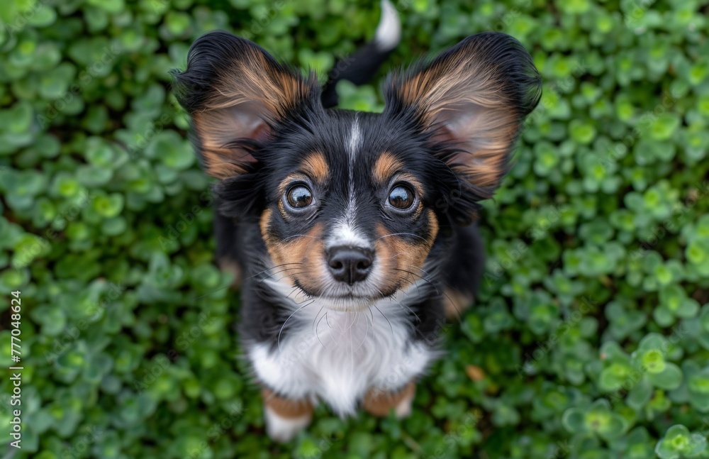 Poster A Puppy's Curious Expression in a Field of Green Generative AI