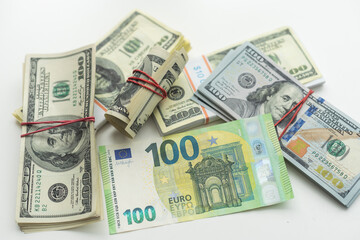  banknotes, American dollar, European currency, euro, various money.