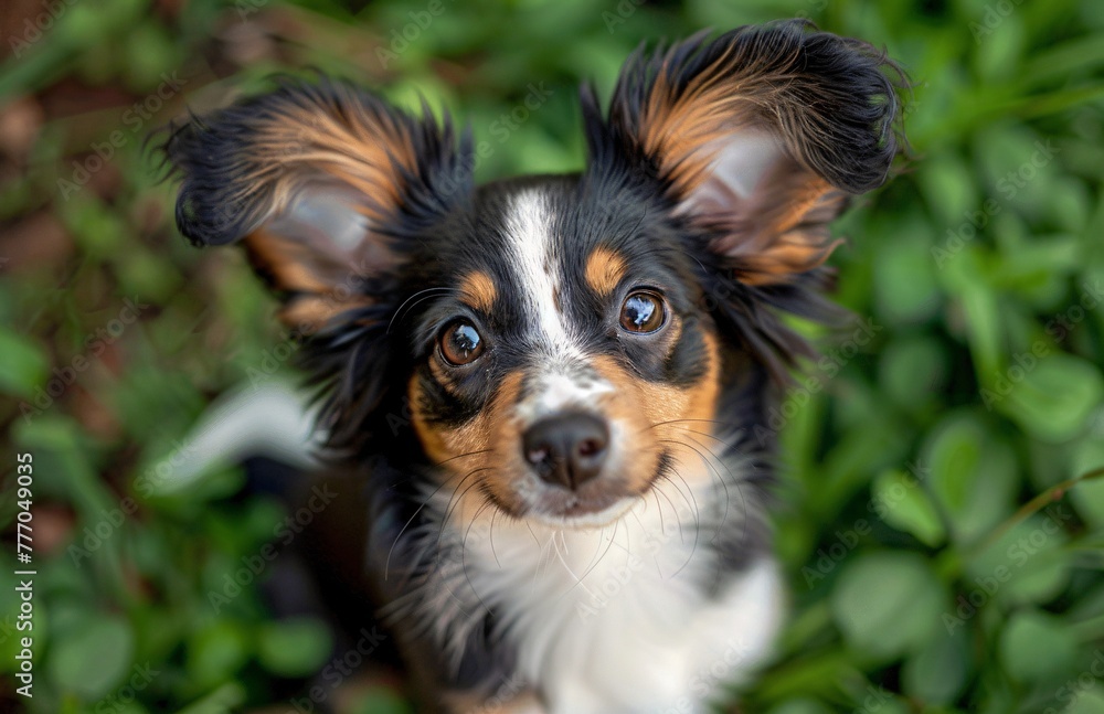 Poster a cute puppy's joyful expression in a field of grass generative ai