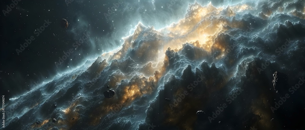 Poster the perils of interplanetary travel: navigating a cosmic landscape of floating asteroids. concept sp